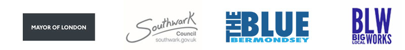 Logos of partners: Mayor of london, southwark council, The Blue Bermondsey and BIg  Local Works
